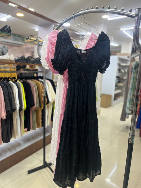 Puff Sleeves Ruched Long Maxi Dresses
